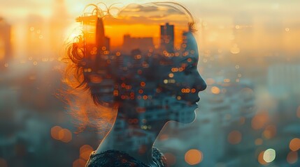 Double Exposure Composition: Woman's Profile in Urban Ambition