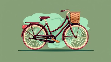 Flat solid color illustration of a burgundy vintage bicycle with a woven basket on a mint green background