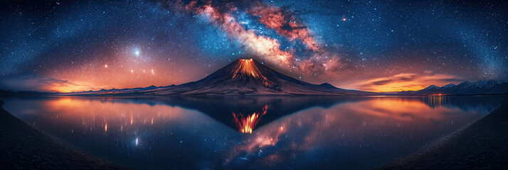 night landscape panorama with active erupting volcano against background of starry sky with Milky Way - Powered by Adobe