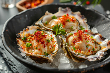 Oysters on Ice: A culinary masterpiece of freshly shucked oysters garnished with finely chopped green onions, bright red paprika and delicate sprigs of parsley