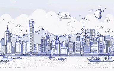 Hong Kong city linear banner. All buildings - different objects are adjusted to the background content