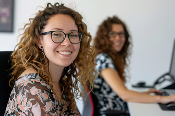 Portrait of two happy female colleagues working together at the computer in the office. Shot in the style of Nikon D850 with a 24mm f/3, focused on the girl with curly hair and glasses smiling at the 