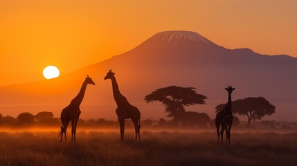 Silhouettes of three giraffes against the stunning backdrop of Kilimanjaro at sunset, AI Generative