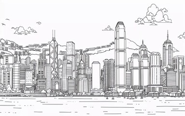 Hong Kong city linear banner. All buildings - different objects are adjusted to the background content