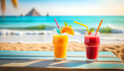 A two glass of orange and strawberry juice with a yellow, pink striped straw on a wooden table with a beach