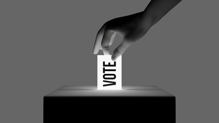 CGI hand casting vote in a ballot box. 3d render.