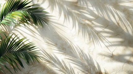 Subtle shadow of palm leaf cast on a white beige wall, ideal for product advertisement, AI Generative