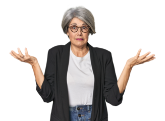 Caucasian mid-age female in business suit doubting and shrugging shoulders in questioning gesture.