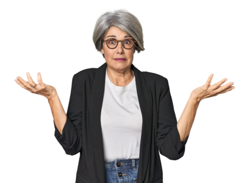 Caucasian mid-age female in business suit doubting and shrugging shoulders in questioning gesture.