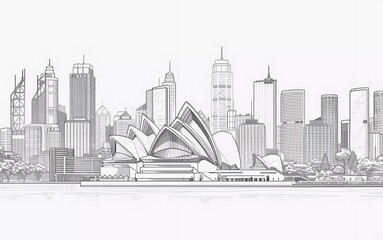 Sydney city linear banner. All Sydney buildings - objects adjusted with an opacity mask