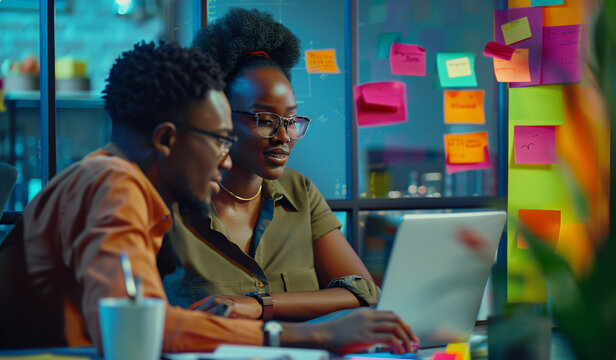 Female boss and male employee working together on laptop in office, African American woman teaching young man using computer for digital marketing with colorful sticky notes. Concept of team collabora