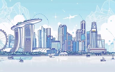 
Singapore city linear banner. All buildings - different objects are adjusted to the background content