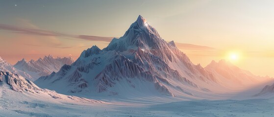 A 3D render of a serene mountain landscape with a majestic peak, highlighted by the rising sun, Sharpen Landscape background