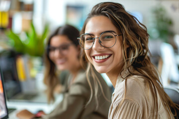 Portrait of two happy female colleagues working together at the computer in the office. Shot in the style of Nikon D850 with a 24mm f/3, focused on the girl with curly hair and glasses smiling at the 