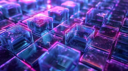 Fototapeta premium Vibrant, uneven grid blocks, shimmering under neon blue and purple lights, abstract cyberspace terrain, futuristic tech ambiance, AI Generative