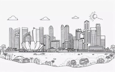 
Singapore city linear banner. All buildings - different objects are adjusted to the background content