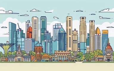 
Singapore city linear banner. All buildings - different objects are adjusted to the background content