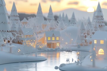 A quaint paper art village blanketed in white, with tiny cutout figures skating on a shimmering frozen pond, paper art style concept