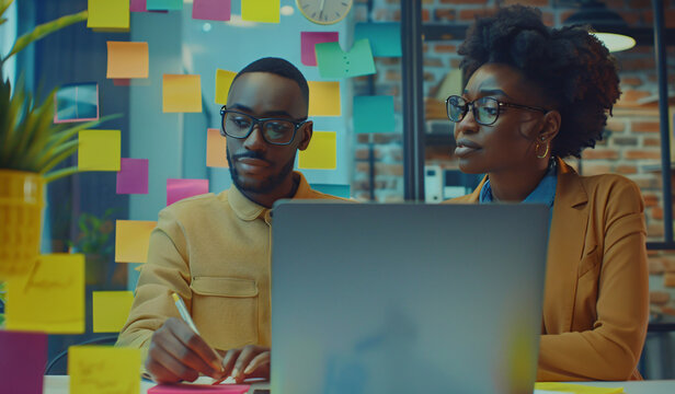 A black female business manager assists a young male adult executive working on a laptop in a modern office. A diverse team of creative workers uses technology for project planning and marketing strat