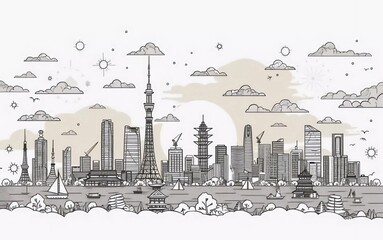Tokyo city linear banner. All buildings - different objects that can be customized with background fill