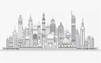 Abu Dhabi city linear banner. All buildings - customize different objects with background fill