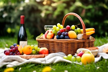 A picnic basket with fruit and wine on the grass. 