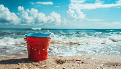 A Vibrant Red Bucket on a Sun-Kissed Beach Inviting Seaside and Relaxation