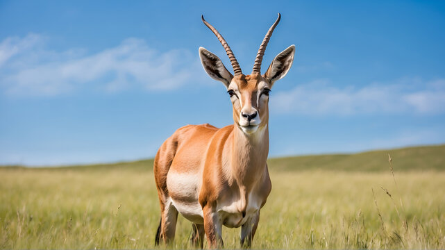 Low angle view of antelope in Grass field against blue sky 