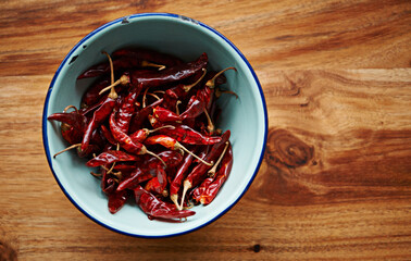 Above, chilli and bowl for pepper, spices and flavor for dry ingredient for cooking, cuisine and...