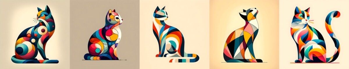 A set collection of colorful modern abstract cat art designs with beige backdrop