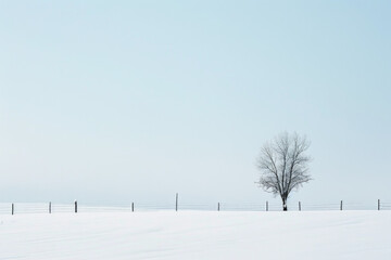 A minimalist winter landscape featuring a vast expanse of snow-covered fields stretching to the horizon, with the uniform blanket of snow interrupted 