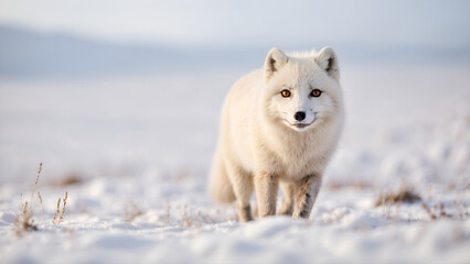 Naklejka premium Portrait of Arctic fox walking through snowy field 