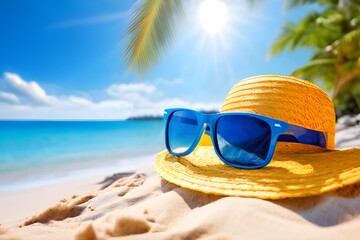  A sunny beach scene with sunglasses, hat, and palm trees, representing the summer vacation 