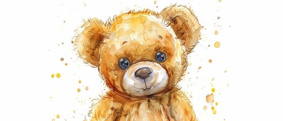 A watercolor painting of a simple, cute teddy bear with big, sparkling eyes, isolated on white background