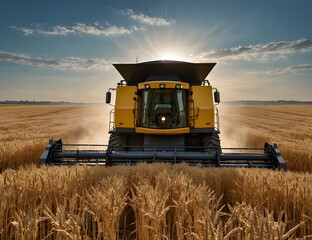 Fototapeta premium Front view of modern automated combine harvesting wheat ears on a bright summer day. Grain harvester in a vast golden wheat field. Blue cloudy sky with bright sun in the background.