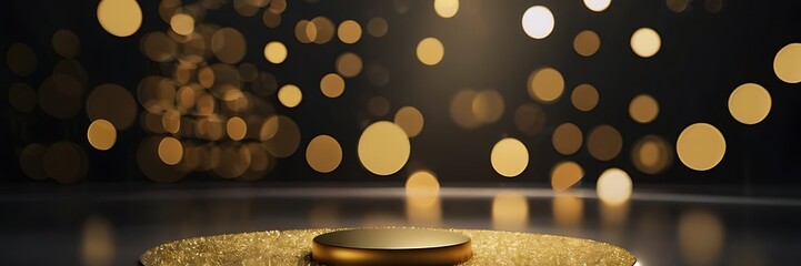 Gold podium on dark background, gold. Empty pedestal for award ceremony. Platform illuminated by...