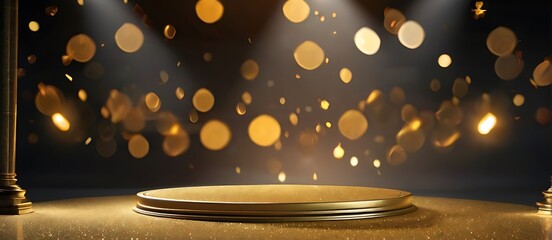 Festive podium on dark background with many flying golden confetti. Trendy place to advertise your...