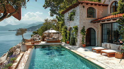 Fototapeta na wymiar A coastal Mediterranean villa setting for such a pool would be exquisite. Picture this: The pool is set against the backdrop of a sprawling Mediterranean villa with terracotta tiles..