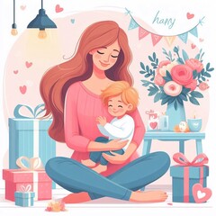 Illustration of mother with her little child. Concept of mothers day, mothers love, relationships between mother and child