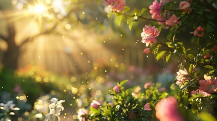 Delicate petals glisten as the morning sun casts its warm glow over the sprawling garden, Sharpen realistic cinematic color high detail with no billboard and advertise