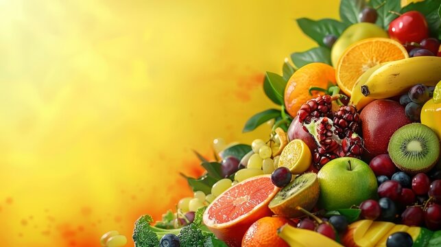 Banner background for healthy nutrition showcases a vibrant array of fresh fruits and vegetables as the element of subject