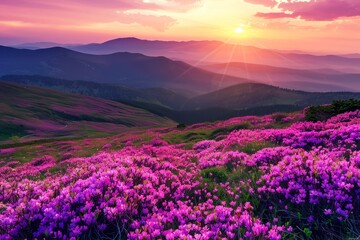 Obraz premium Majestic Sunset Over Blooming Purple Flowers Valley and Distant Mountain Range