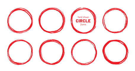 Round brush stroke red stamp vector frame. Hand drawn rough scribble red effect line. Paint color crayon brush stroke frame. Scribble hand drawn grunge doodle circle set. Vector illustration