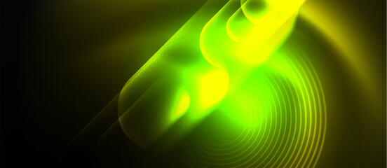 A macro photograph showcasing a vibrant green and yellow circle of light against a black background. The pattern resembles a terrestrial plant, creating an artistic display in the darkness