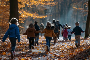 Group of children running in the autumn park. Happy childhood concept.