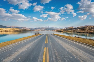 Asphalt road and lake with sky clouds natural scenery in Xinjiang, China - generative ai