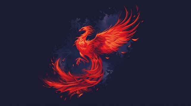 Flat solid color illustration of a fiery red phoenix rising from ashes on a deep indigo background