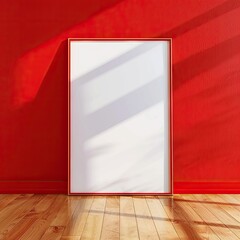 Dynamic Contrast: Empty Poster Frame Against Red Wall on Wood Floor