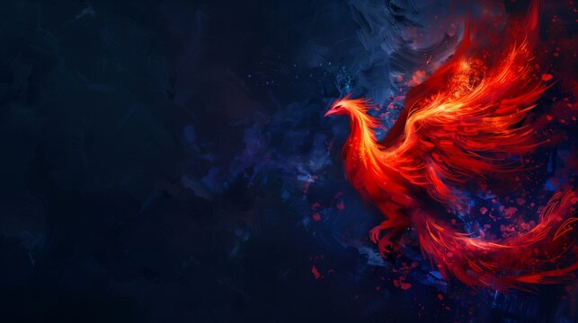 Flat solid color illustration of a fiery red phoenix rising from ashes on a deep indigo background