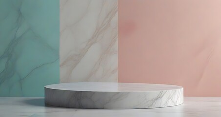 Marbel podium for product showcase. White marble product display on copper background. Natural light copy space. Minimal abstract cosmetic background for product backdrop presentation.